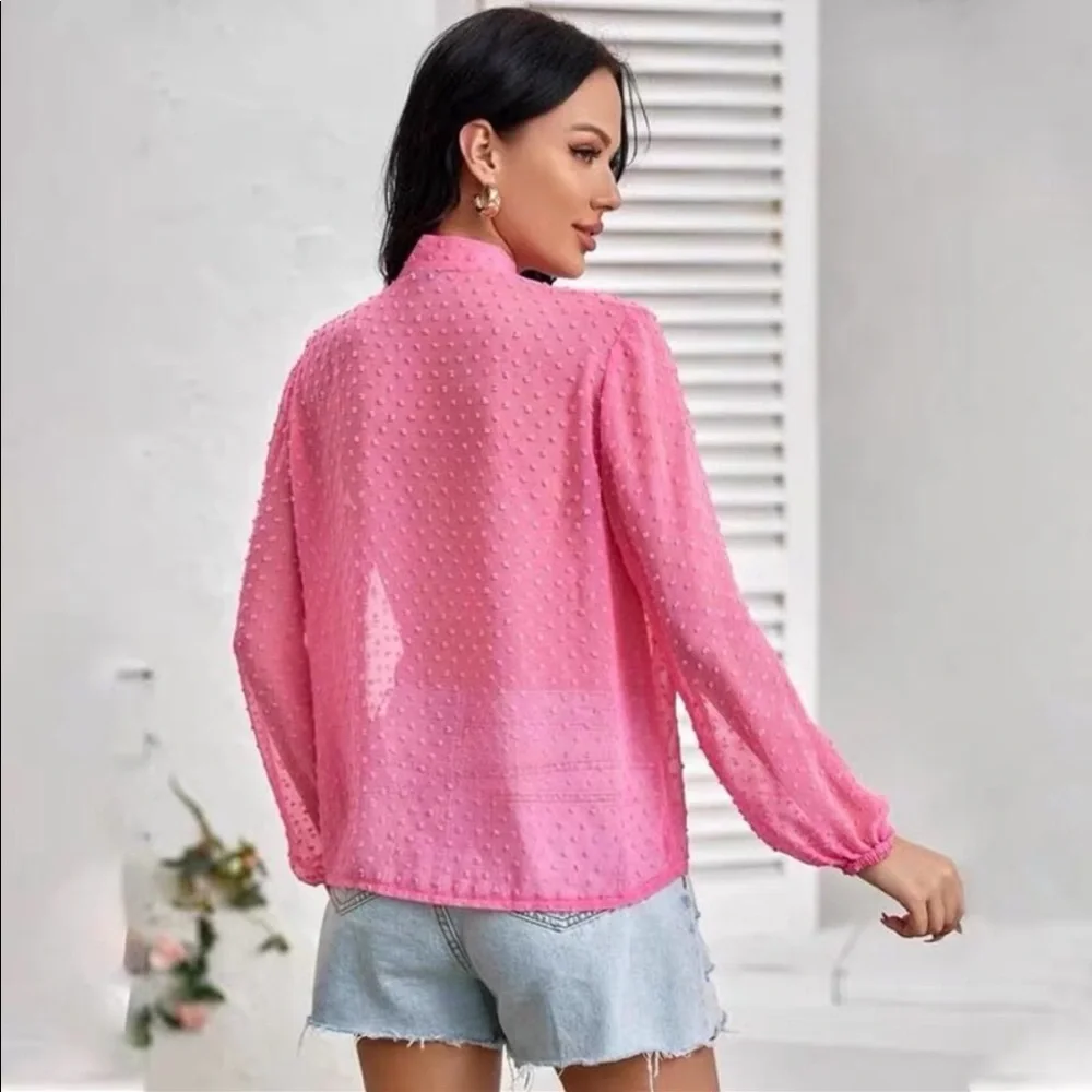 Pink Swiss Dots Tie Neck Blouse - Picture 4 of 6